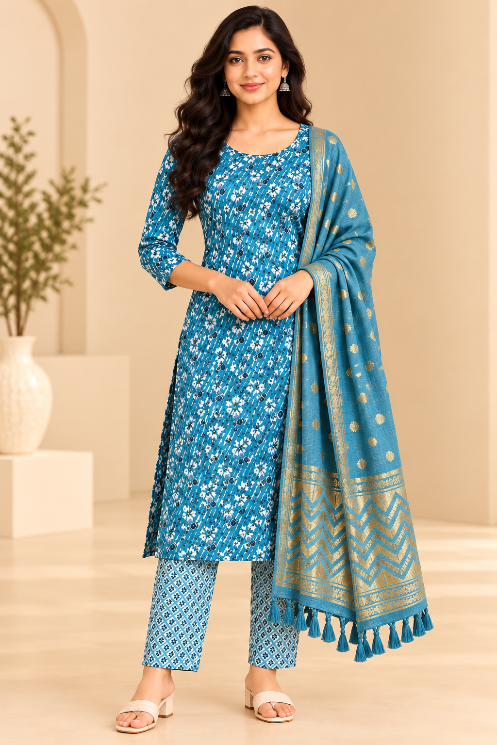 Women Teal Blue Printed Kurta Pant Dupatta Set | 3 Piece Ethnic Wear Suit Thumbnail