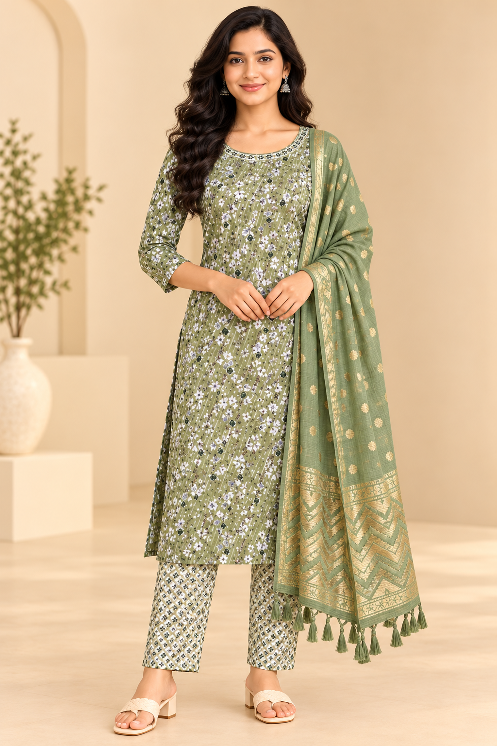 Women Sage Green Printed Kurta Pant Dupatta Set | 3 Piece Ethnic Wear Suit Thumbnail