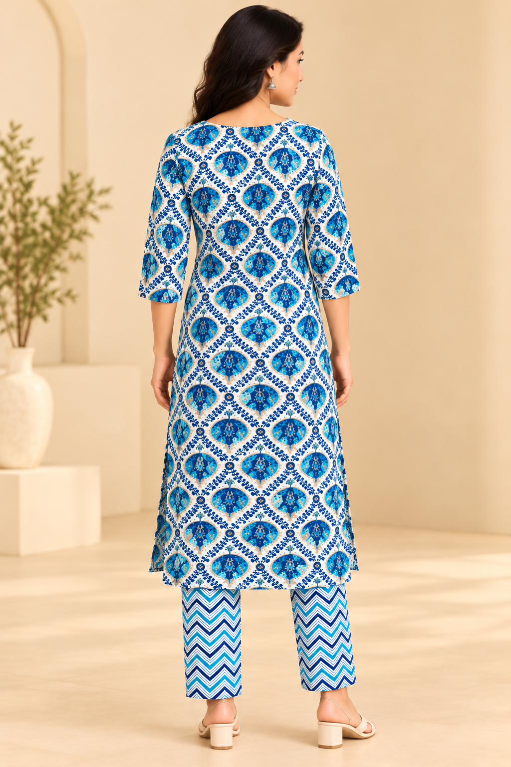Women Blue & White Printed Kurti Pant Set | 3/4 Sleeve Ethnic Wear Co-ord Set Thumbnail