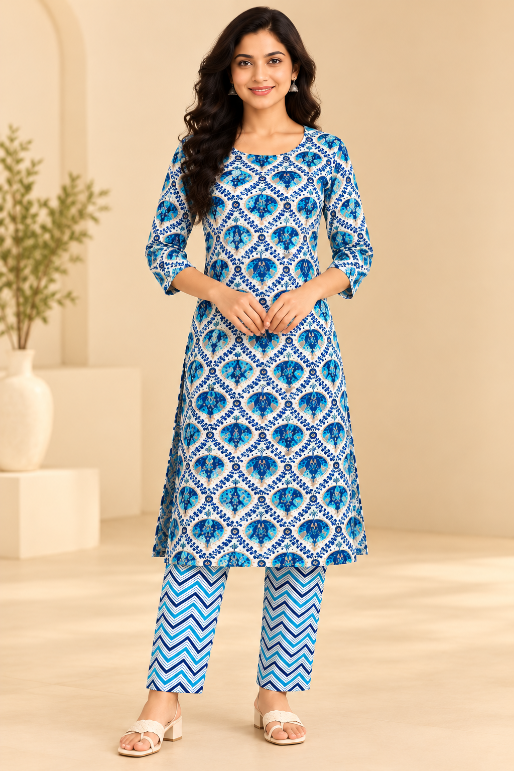 Women Blue & White Printed Kurti Pant Set | 3/4 Sleeve Ethnic Wear Co-ord Set Thumbnail