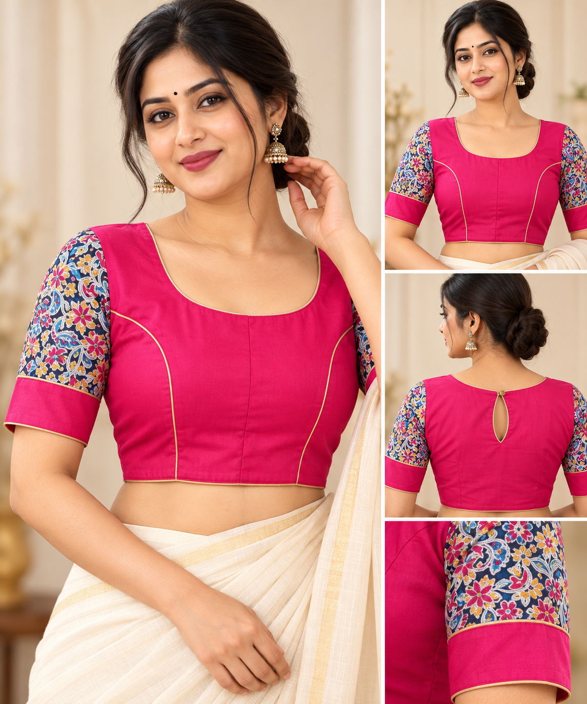 Fuchsia Pink Designer Saree Blouse with Printed Sleeves and Golden Piping Thumbnail