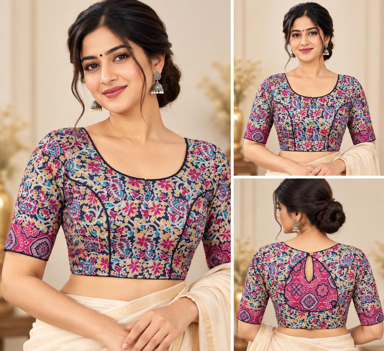 Multicolor Floral Printed Designer Saree Blouse with Pink Contrast Back Panel Thumbnail