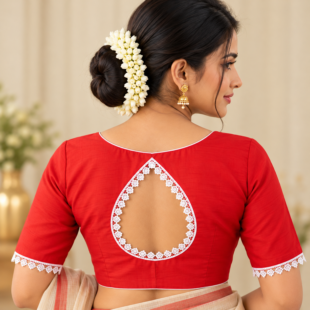 Red Designer Saree Blouse with White Lace Teardrop Back Cutout and Half Sleeves Thumbnail