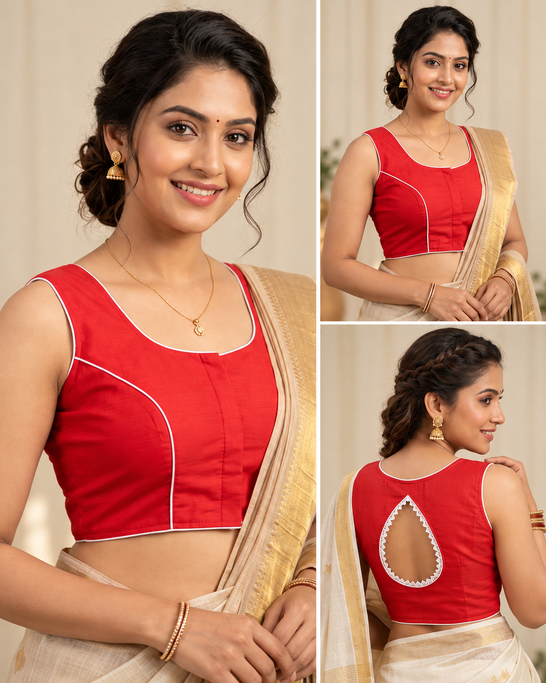 Red Designer Sleeveless Saree Blouse with White Lace Teardrop Back Cutout Thumbnail