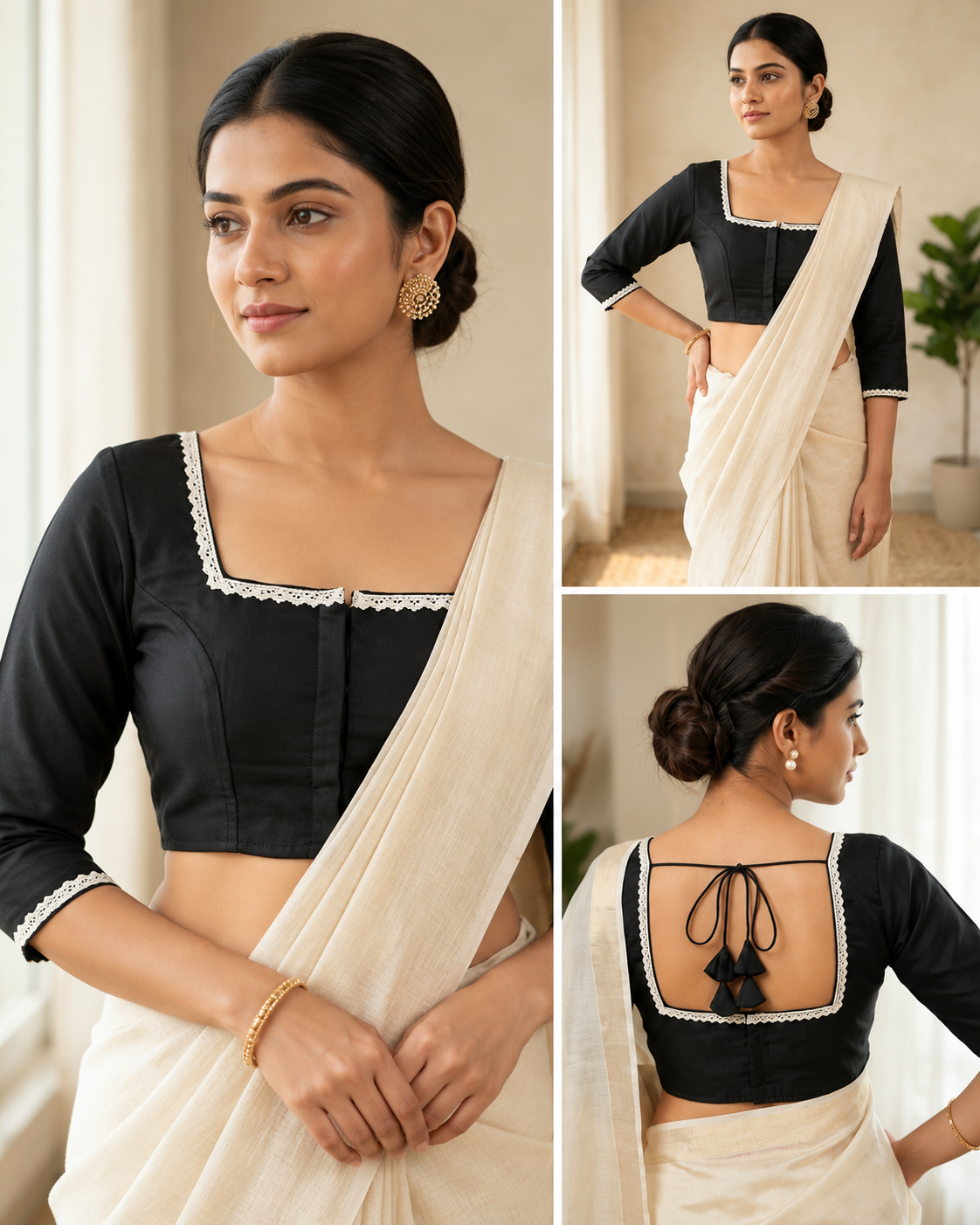 Black Designer Saree Blouse with White Lace Trim, Square Neck and Back Tie Tassels Thumbnail