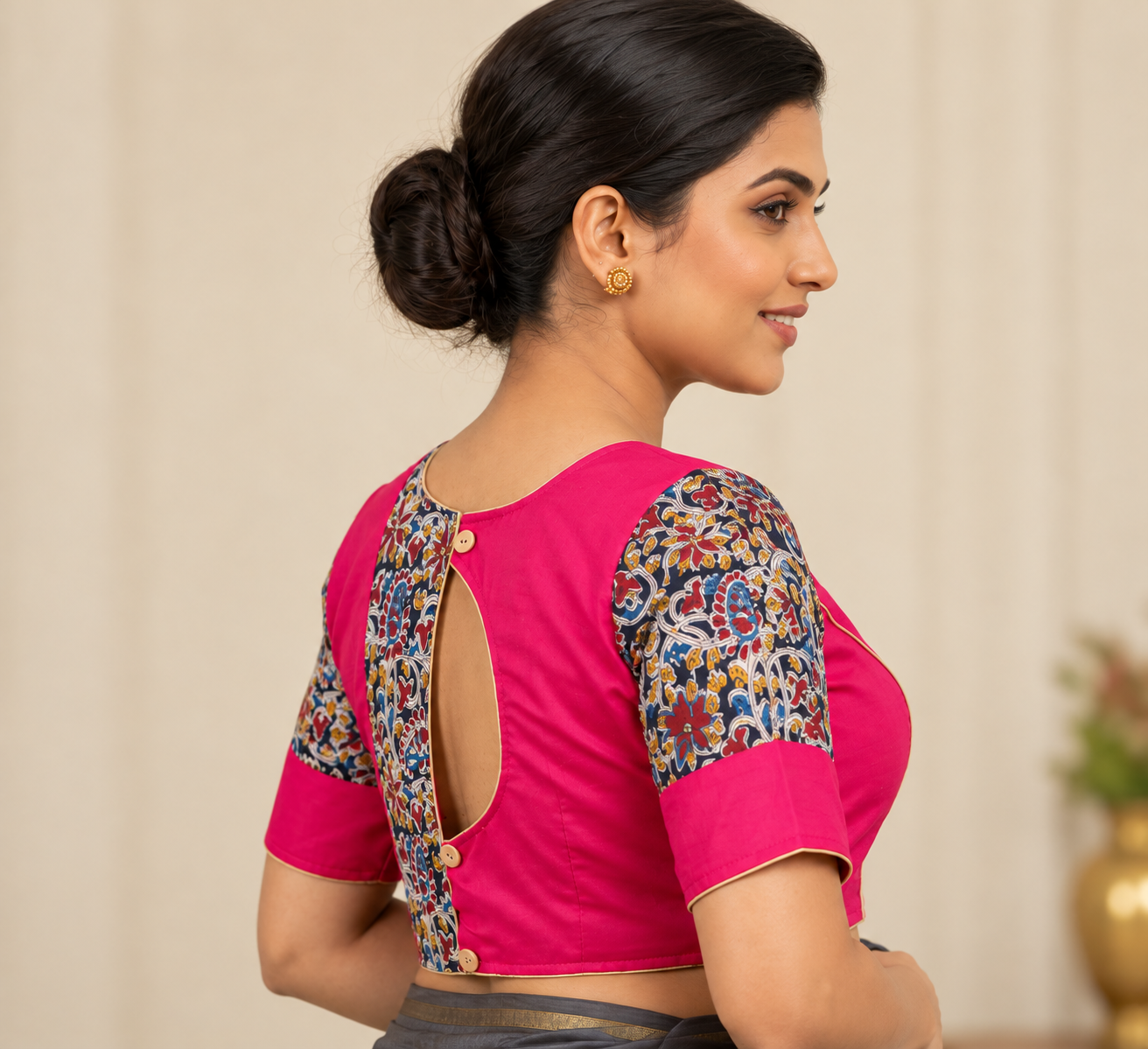 Fuchsia Pink Designer Saree Blouse with Printed Sleeves and Keyhole Back Design Thumbnail