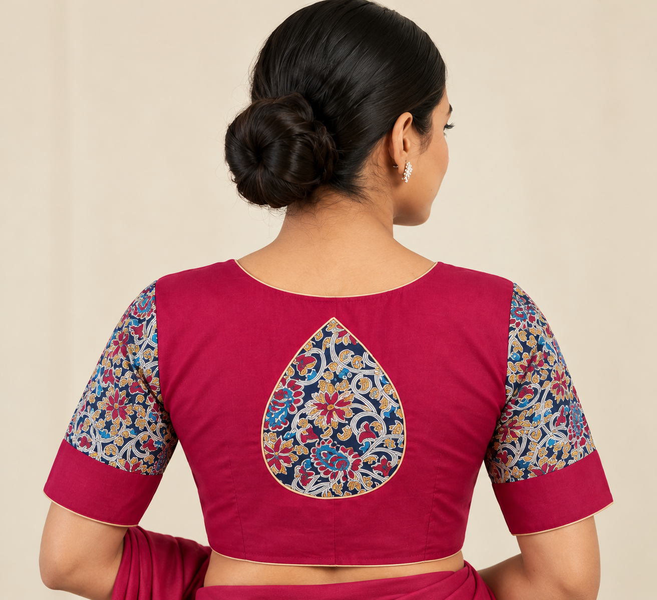Magenta Designer Saree Blouse with Printed Sleeves and Teardrop Back Design Thumbnail