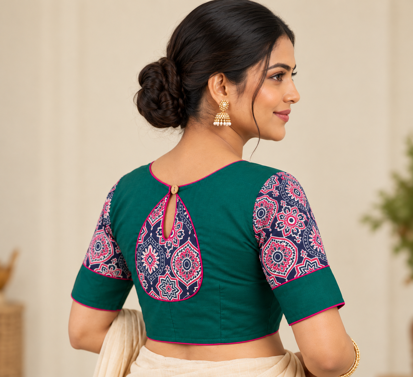 Teal Green Designer Saree Blouse with Printed Sleeves and Keyhole Back Thumbnail