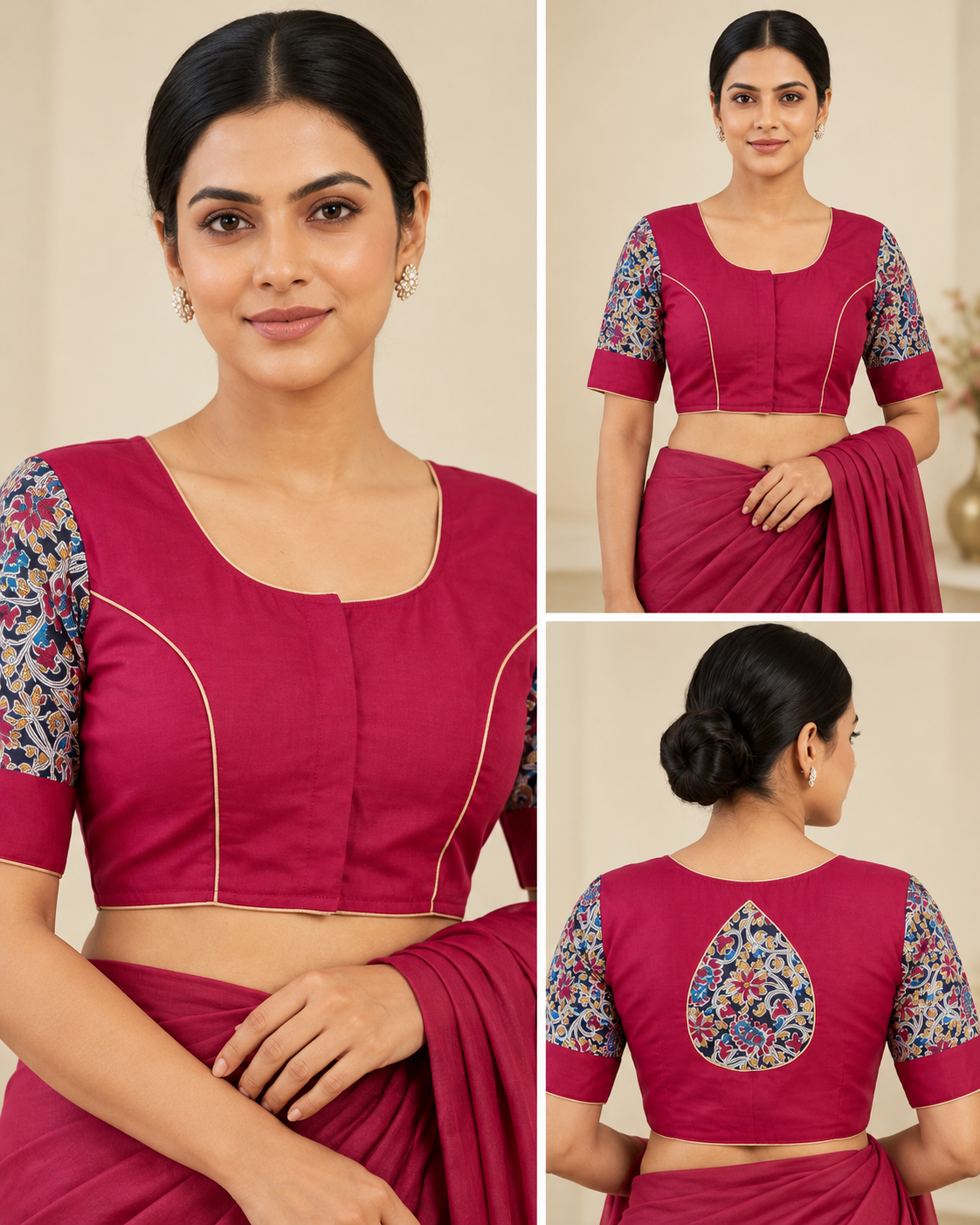 Magenta Designer Saree Blouse with Printed Sleeves and Teardrop Back Design Thumbnail