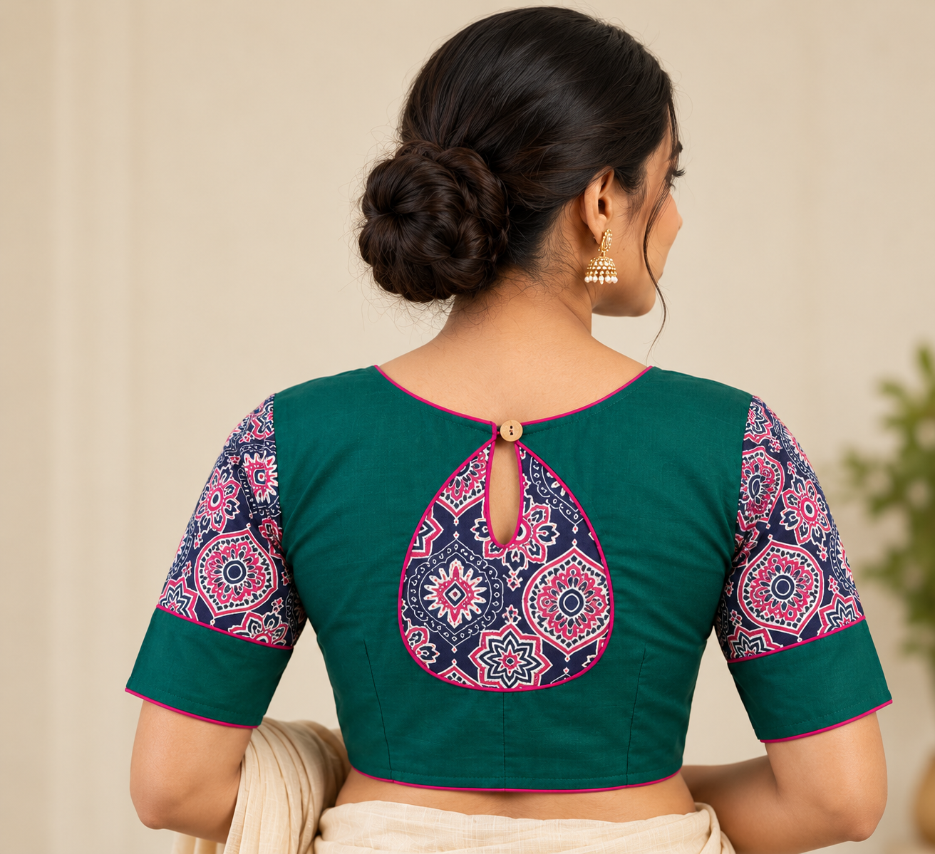 Teal Green Designer Saree Blouse with Printed Sleeves and Keyhole Back Thumbnail