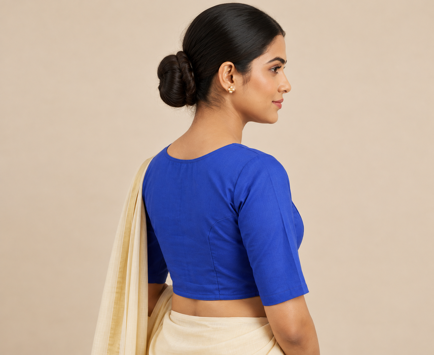 Royal Blue Designer Saree Blouse for Women with Round Neck and Elbow Sleeves