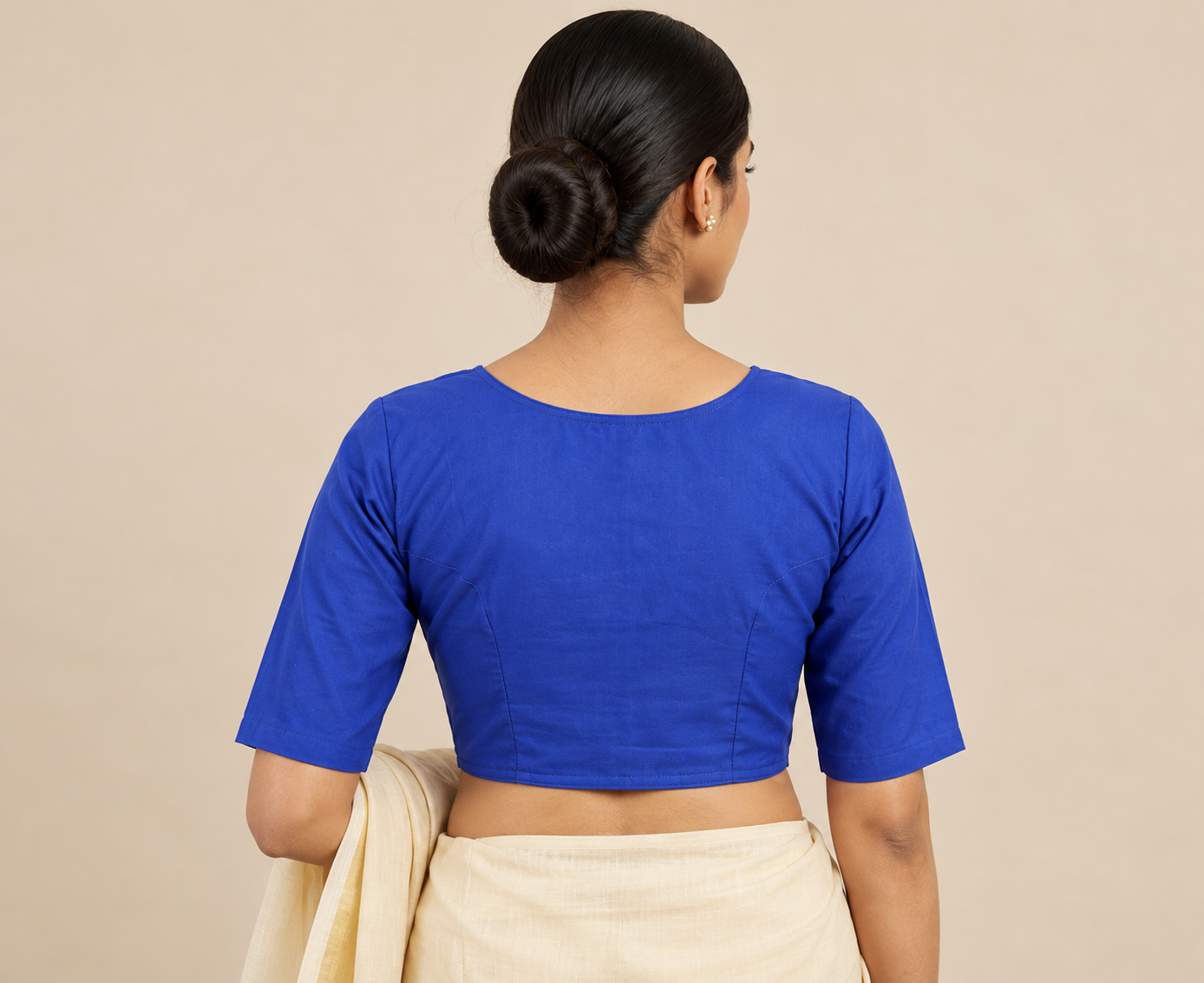 Royal Blue Designer Saree Blouse for Women with Round Neck and Elbow Sleeves Thumbnail