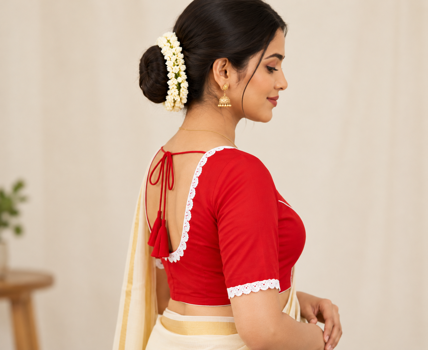 Red Designer Saree Blouse for Women with White Lace, Round Neck and Back Dori Tassels