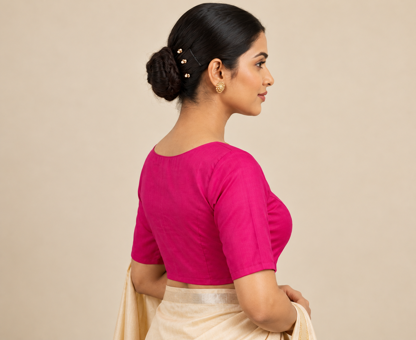 Magenta Pink Designer Saree Blouse for Women with Round Neck and Elbow Sleeves Thumbnail