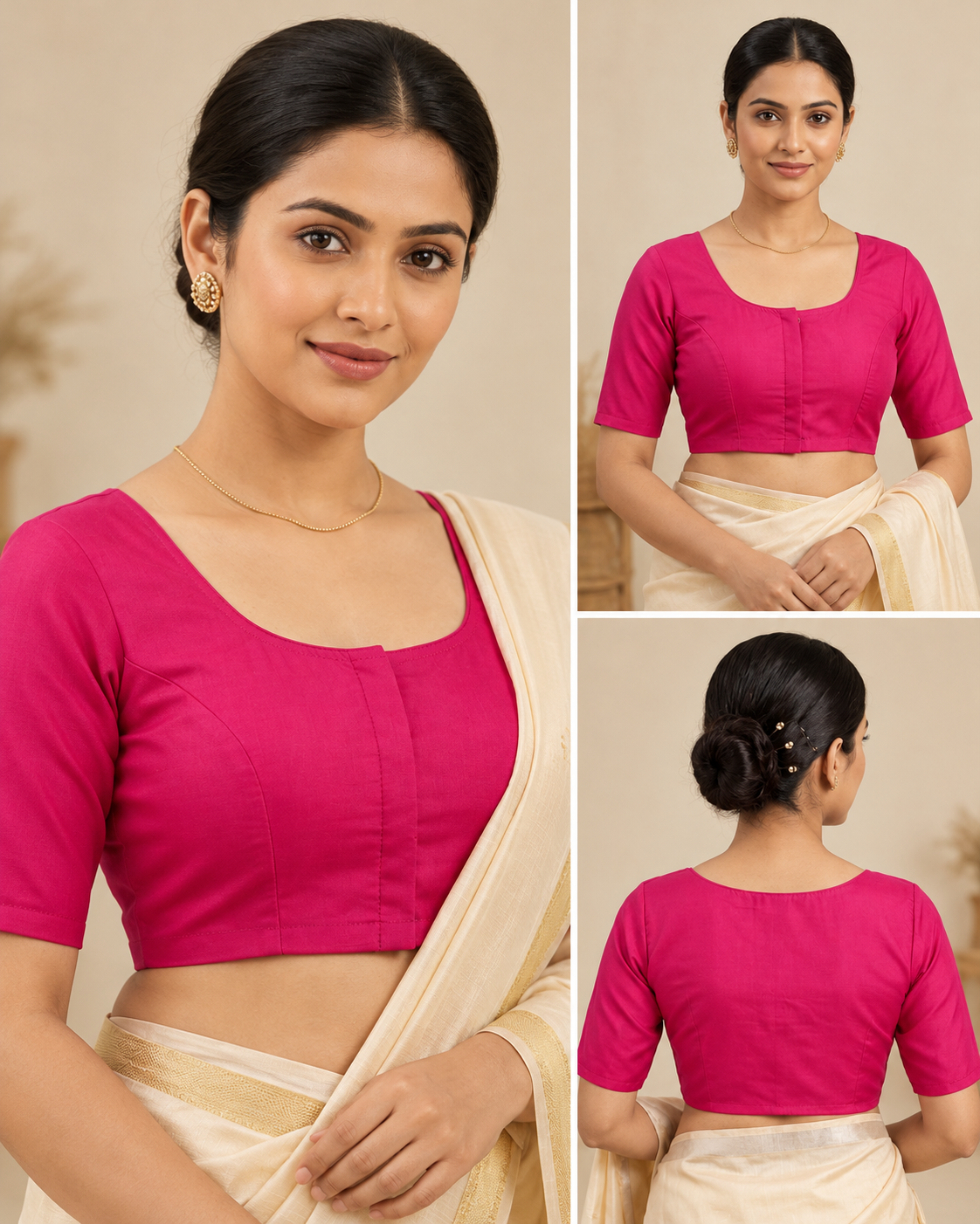 Magenta Pink Designer Saree Blouse for Women with Round Neck and Elbow Sleeves Thumbnail