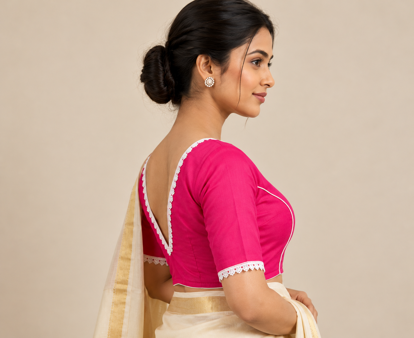 Fuchsia Pink Designer Saree Blouse for Women with White Lace and Deep V-Back