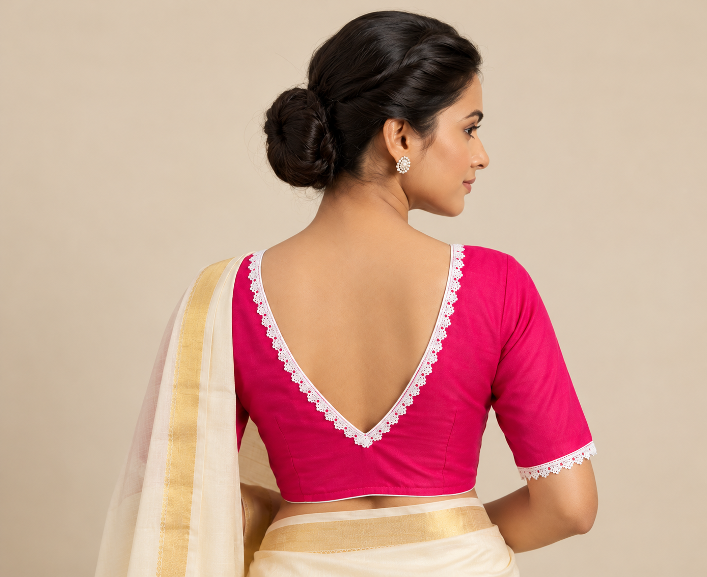 Fuchsia Pink Designer Saree Blouse for Women with White Lace and Deep V-Back Thumbnail