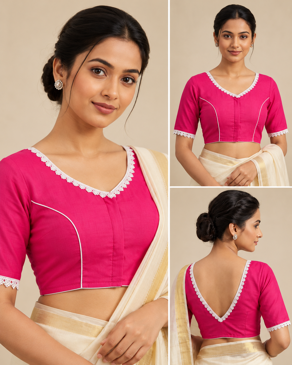 Fuchsia Pink Designer Saree Blouse for Women with White Lace and Deep V-Back Thumbnail