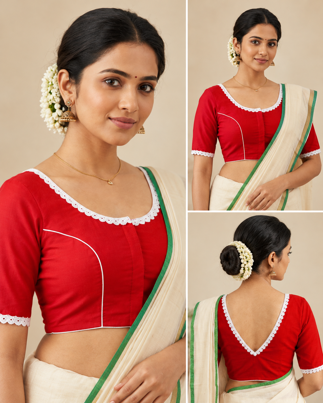 Red Designer Saree Blouse for Women with White Lace and Deep V-Back Thumbnail