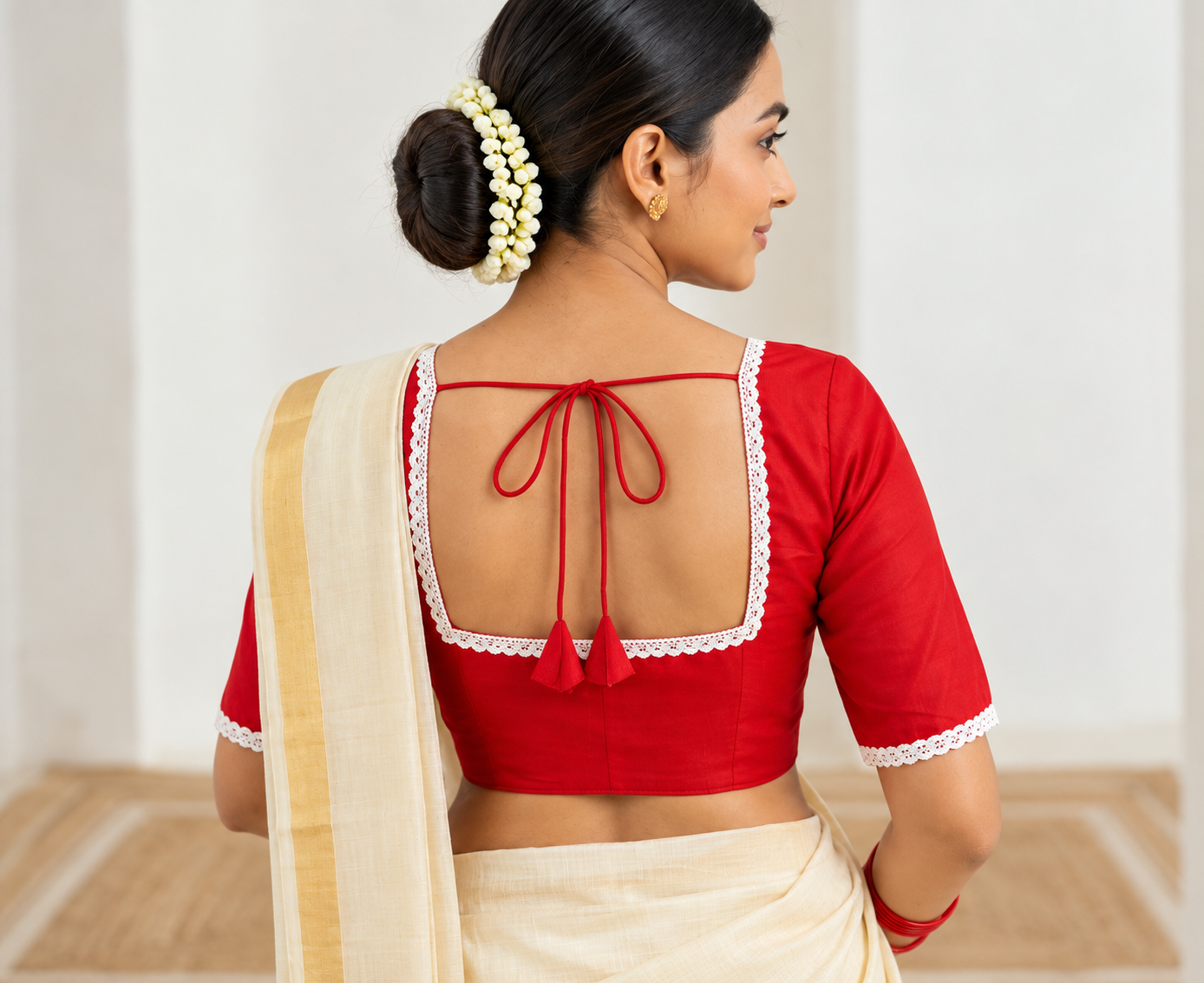 Women’s Red Designer Blouse with White Lace, Square Neck & Back Dori Tie-Up Thumbnail