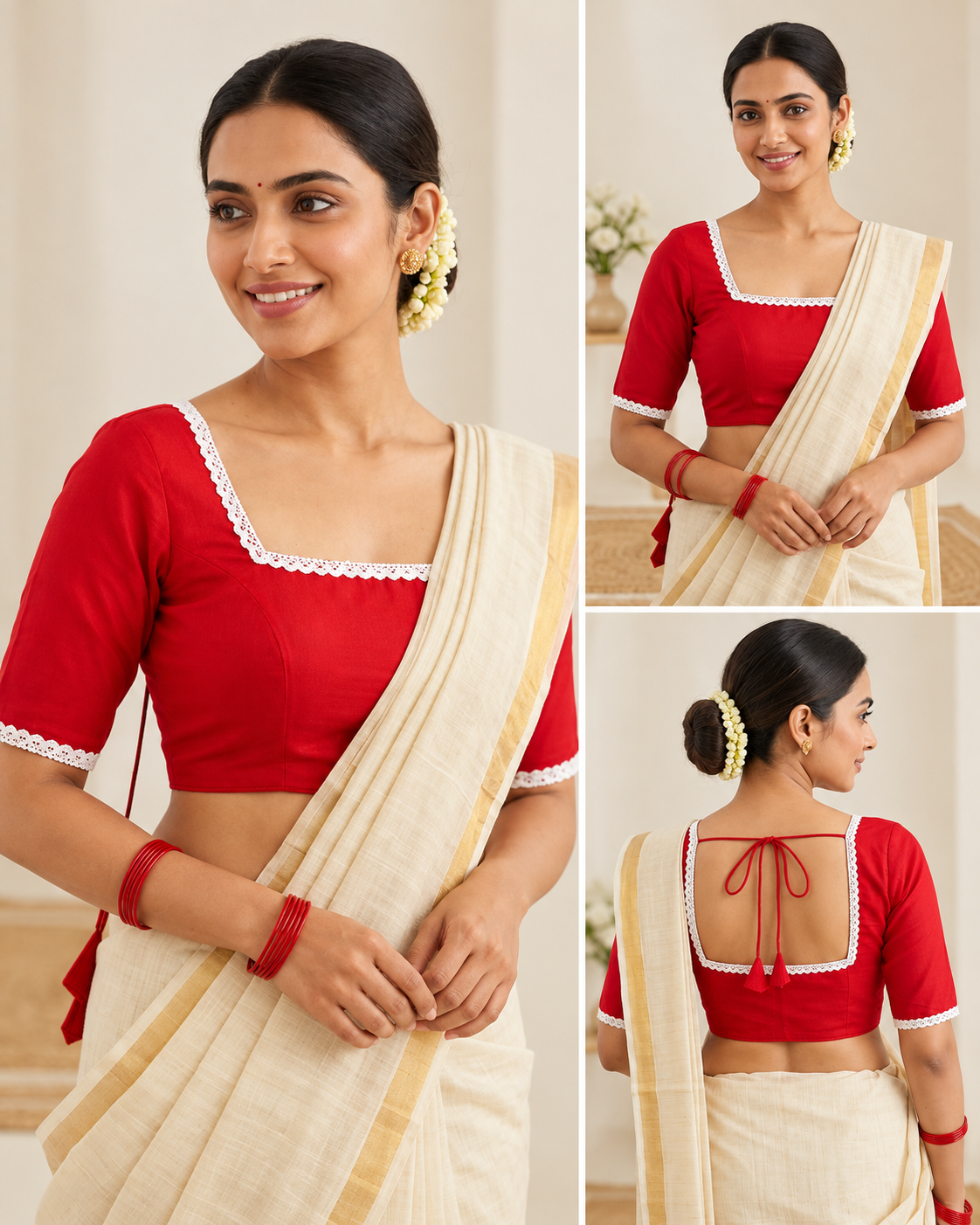 Women’s Red Designer Blouse with White Lace, Square Neck & Back Dori Tie-Up Thumbnail