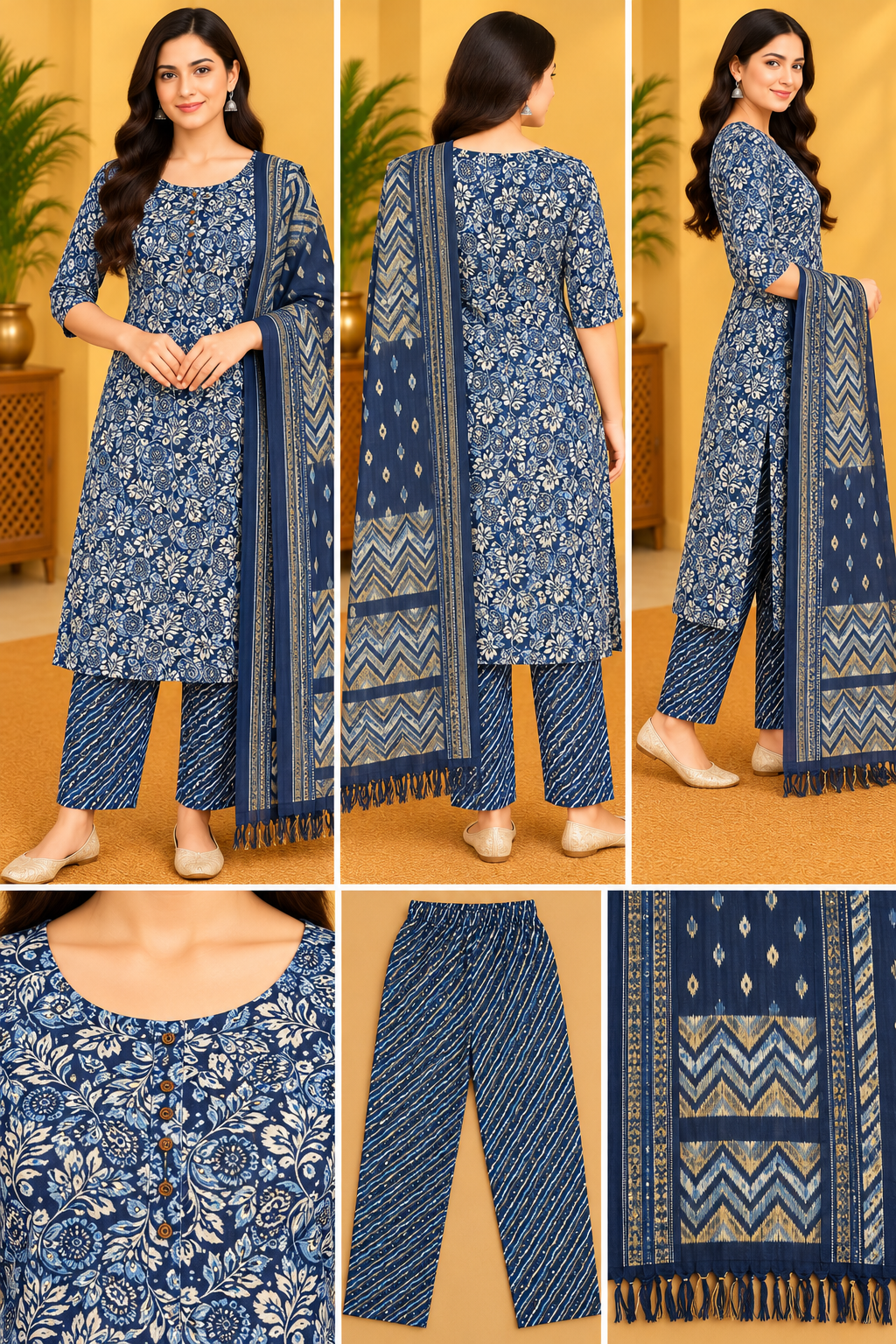 Navy Blue Floral Printed Kurta Pant Set for Women Thumbnail