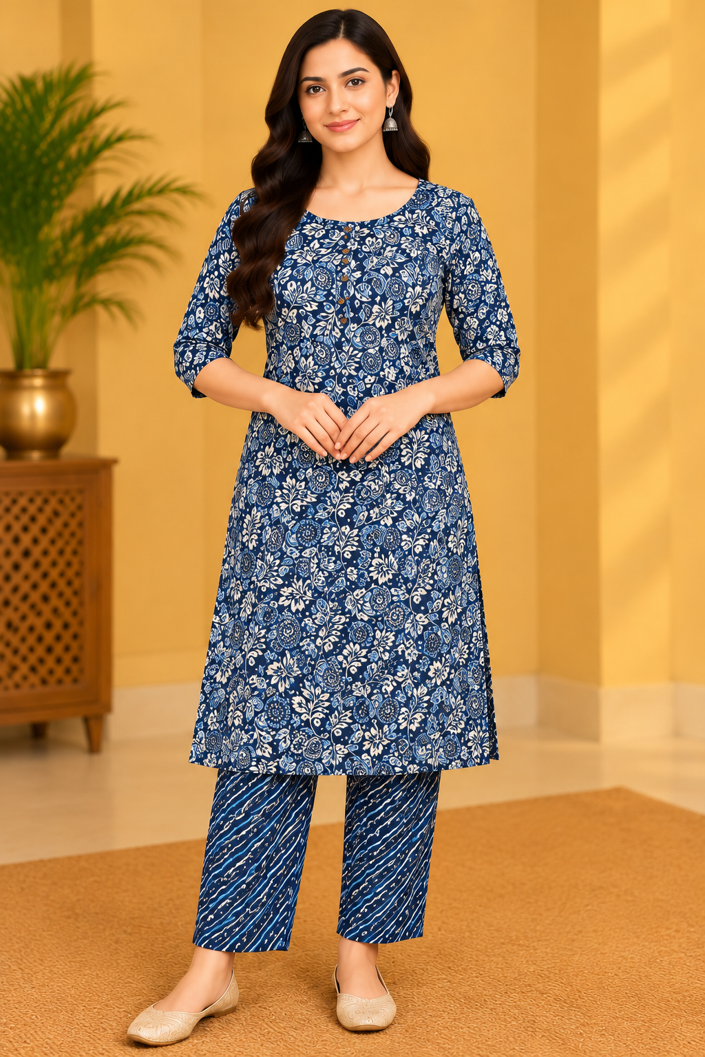 Navy Blue Floral Printed Kurta Pant Set for Women Thumbnail