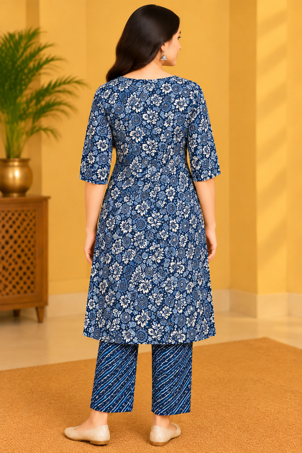 Navy Blue Floral Printed Kurta Pant Set for Women Thumbnail