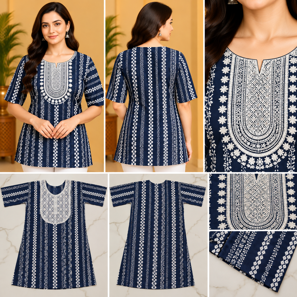 Women's Navy Blue Printed Short Top with White Floral Stripes & Embroidered Yoke Thumbnail