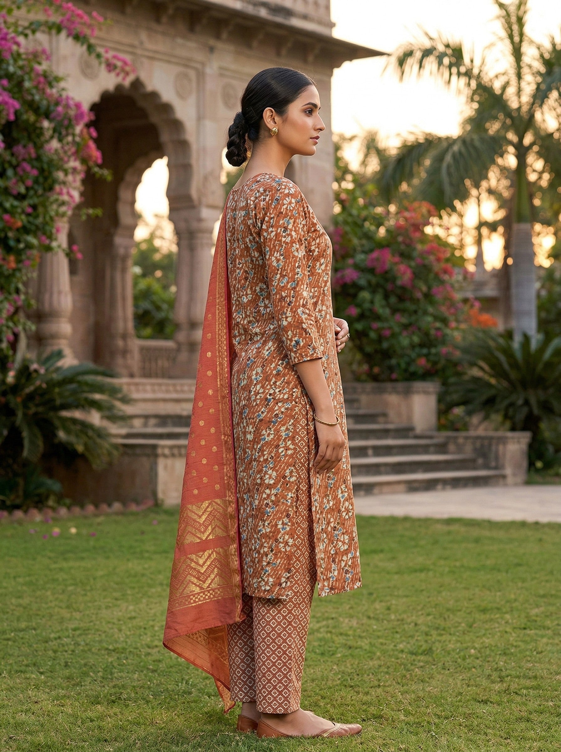 Rust Orange Cotton Printed Kurti Pant Dupatta Set (3 Pc Ethnic Set) Thumbnail