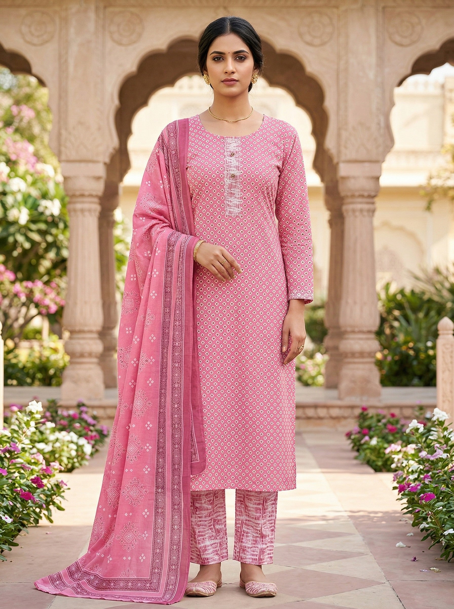Pink Cotton Printed Kurti Pant Dupatta Set (3 Pc Ethnic Set) Thumbnail
