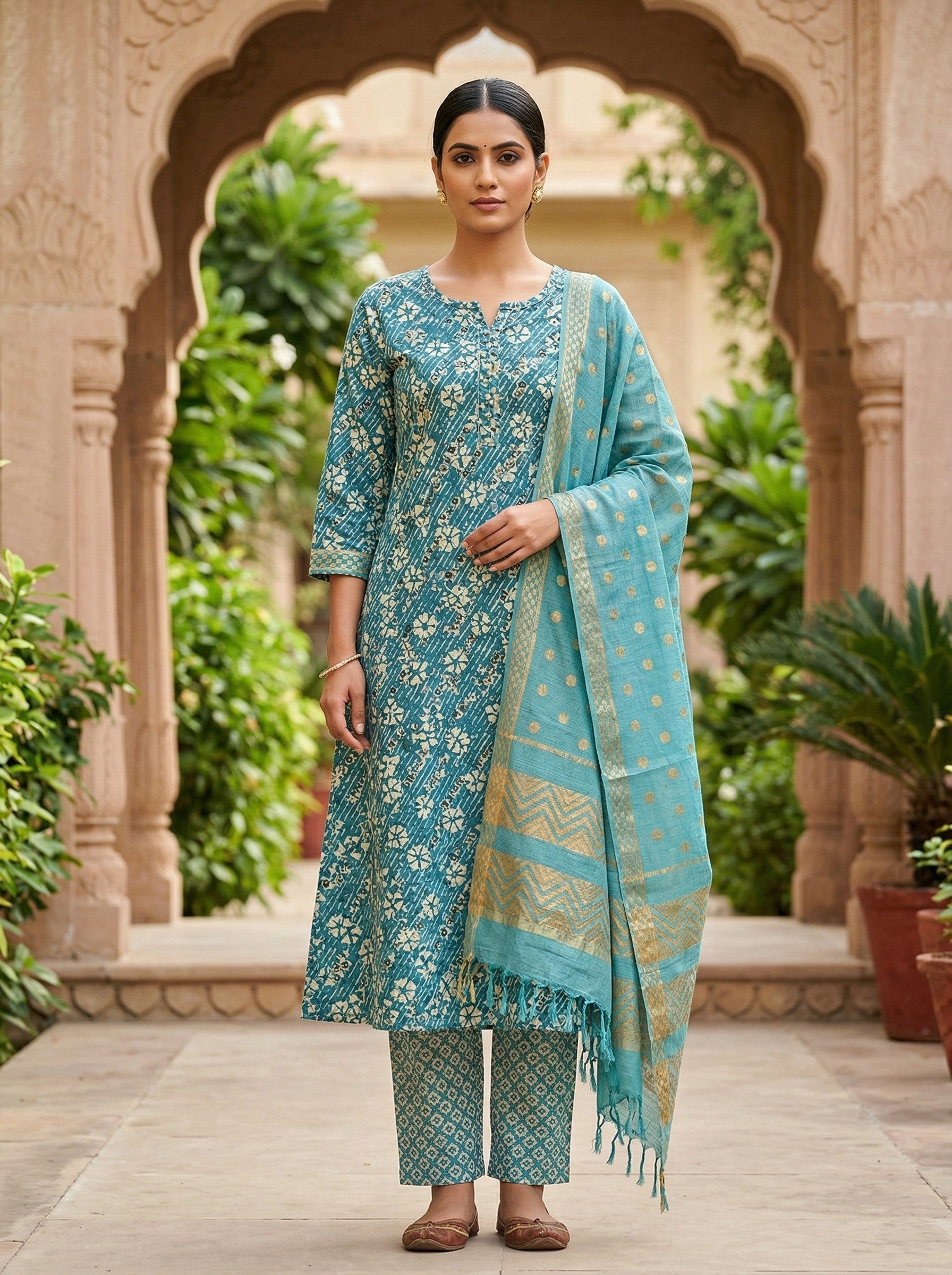 Teal Blue Cotton Printed Kurti Pant Dupatta Set (3 Pc Ethnic Set) Thumbnail