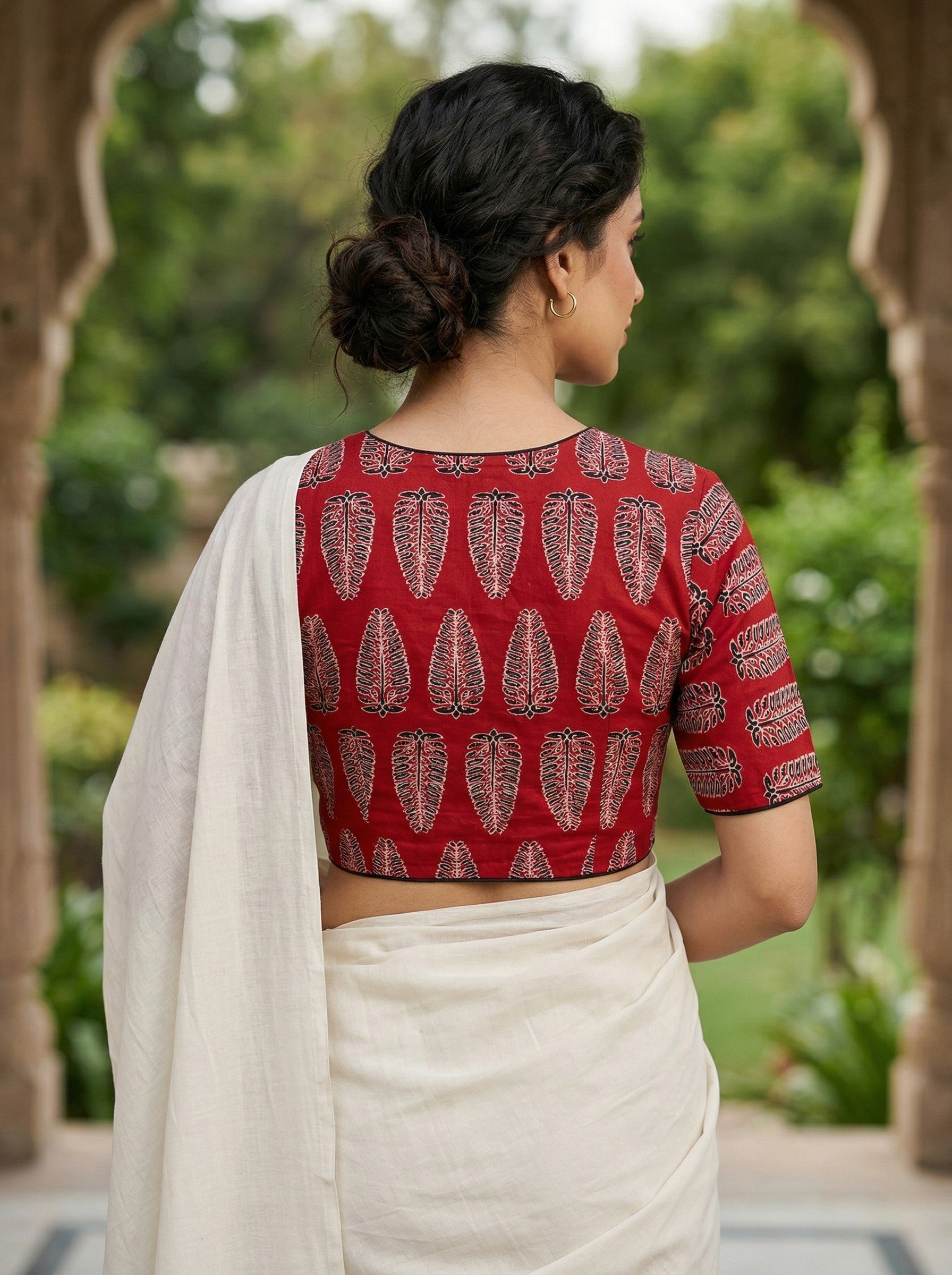Red Ajrakh Leaf Printed Cotton Saree Blouse Online (Size 30–42) Thumbnail