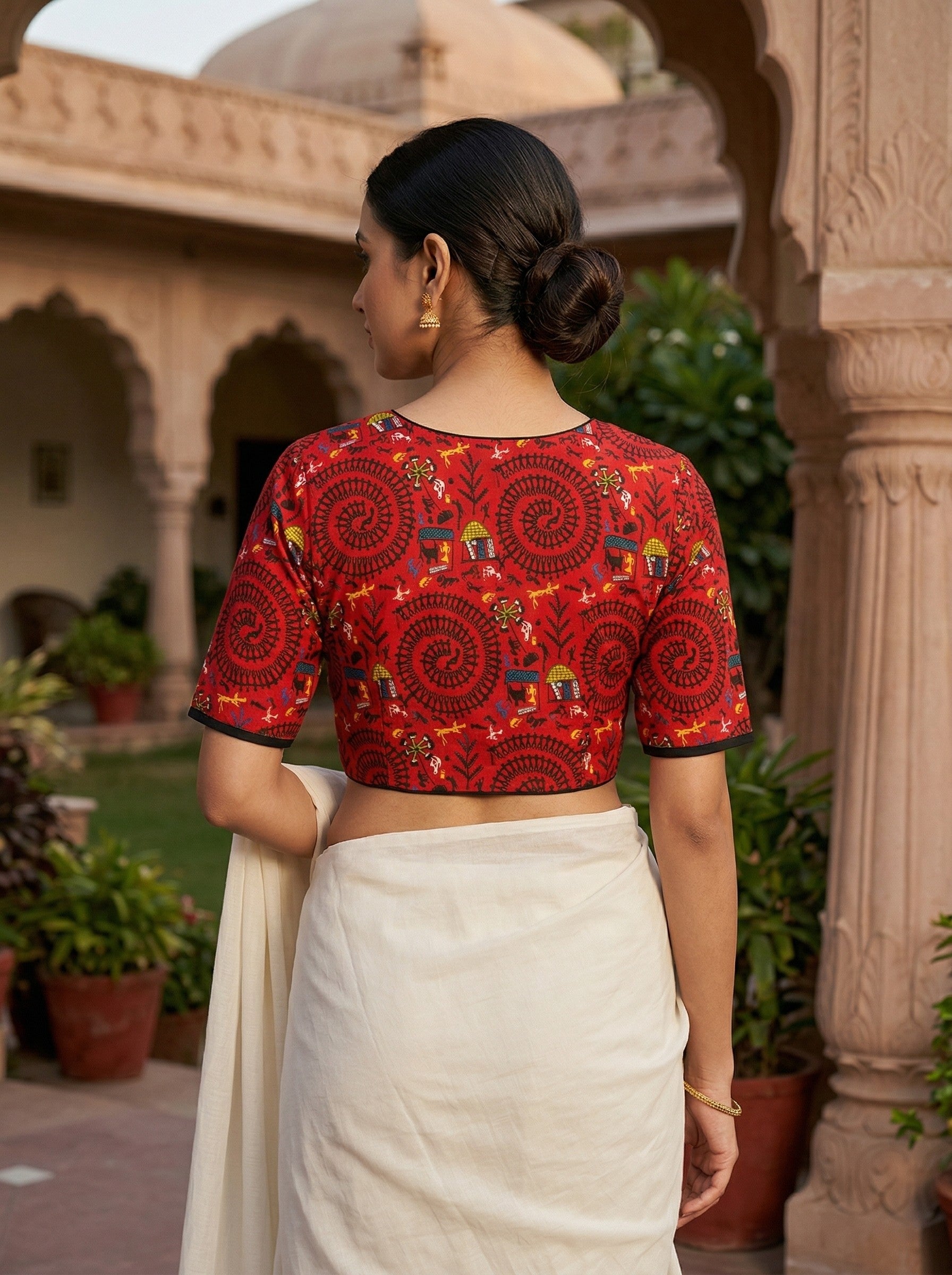 Red Madhubani Printed Cotton Saree Blouse – Half Sleeve (Size 30–42) Thumbnail