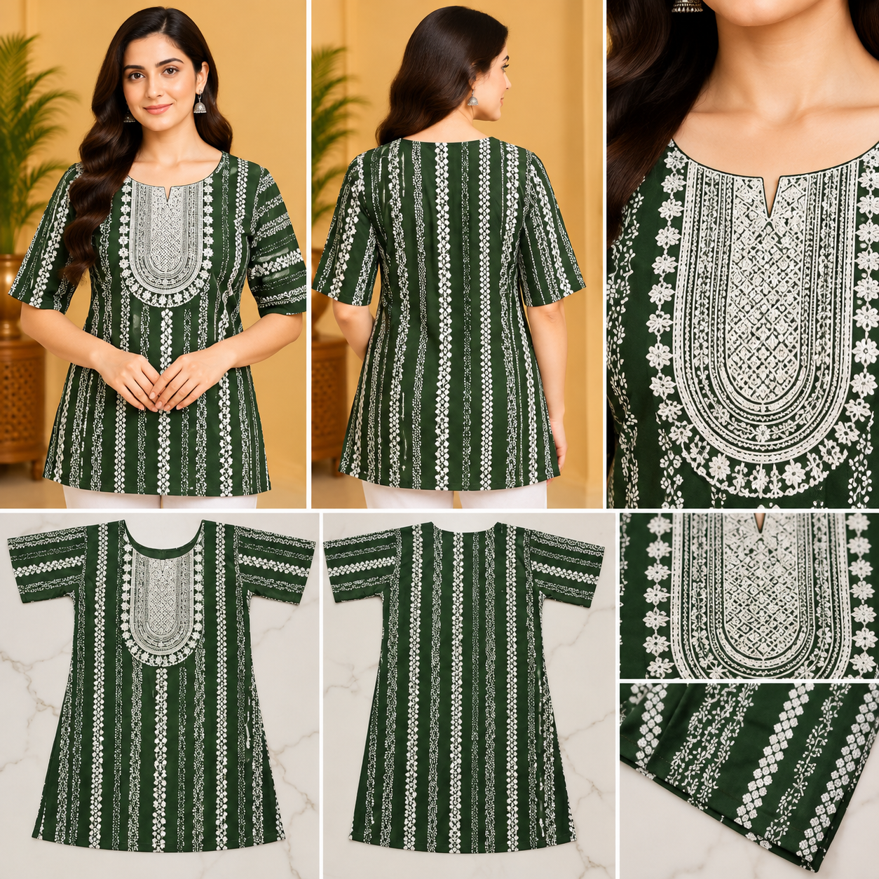 Women's Dark Green Printed Short Top with White Floral Stripes & Embroidered Neckline