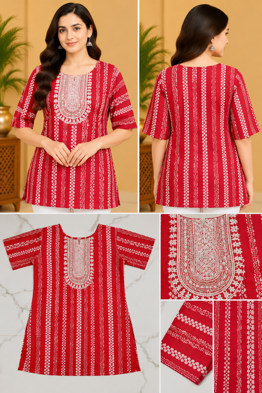 Women's Red & White Printed Ethnic Short Top with Embroidered Yoke Thumbnail