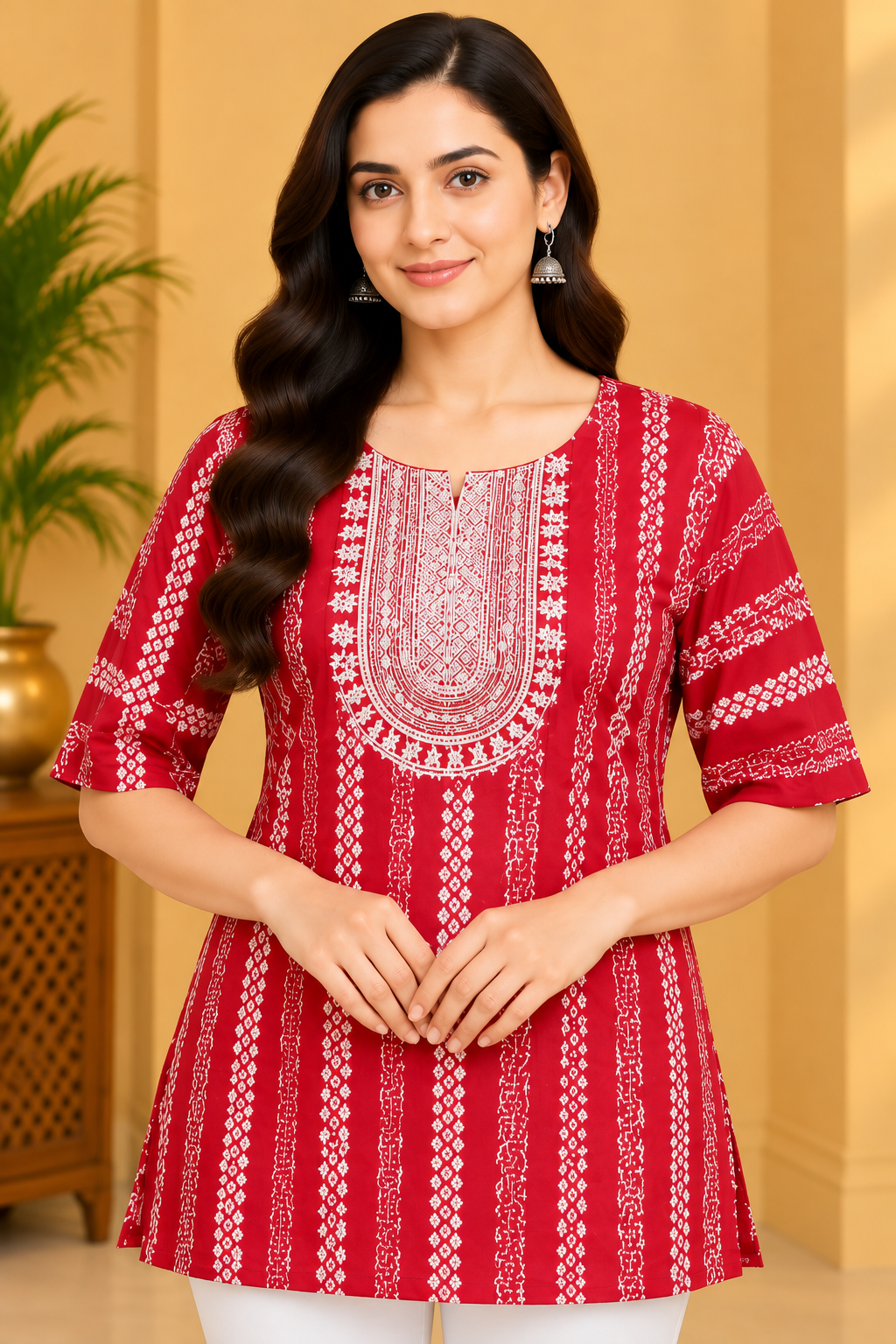 Women's Red & White Printed Ethnic Short Top with Embroidered Yoke Thumbnail