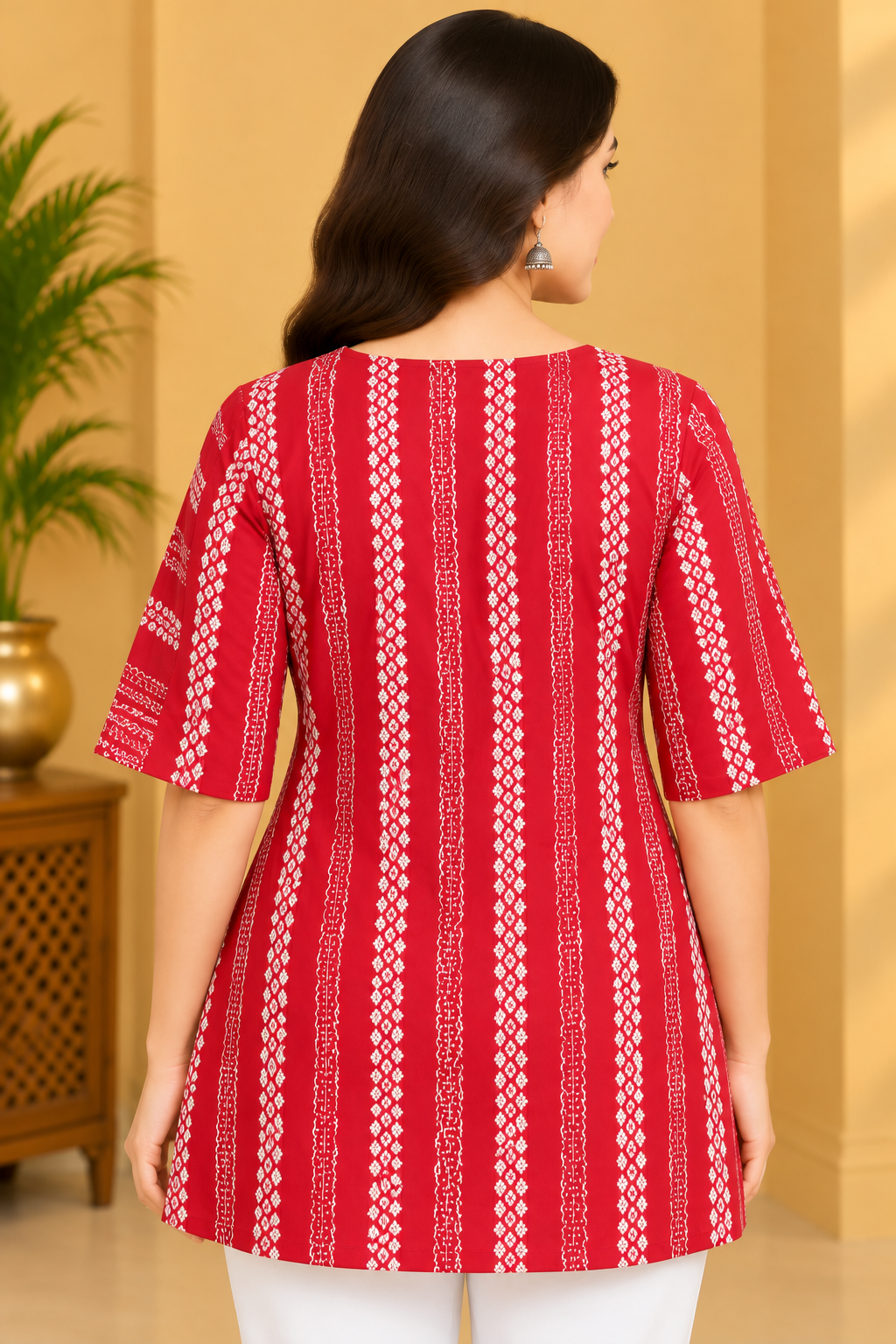 Women's Red & White Printed Ethnic Short Top with Embroidered Yoke Thumbnail