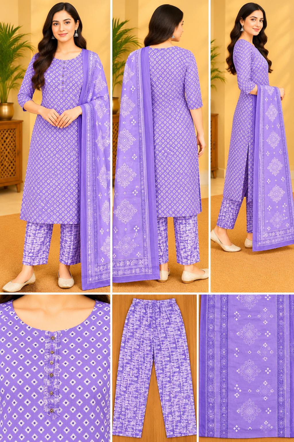 Women's Lavender Purple Printed Kurta Pant Set with Dupatta