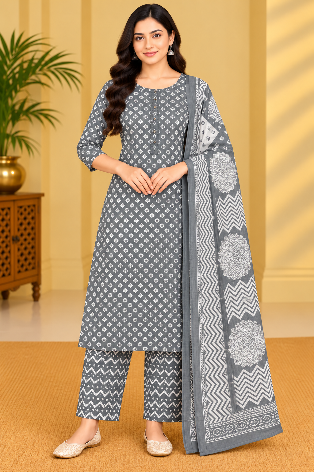 Grey & White Printed Cotton Kurta Pant Set with Dupatta for Women Thumbnail