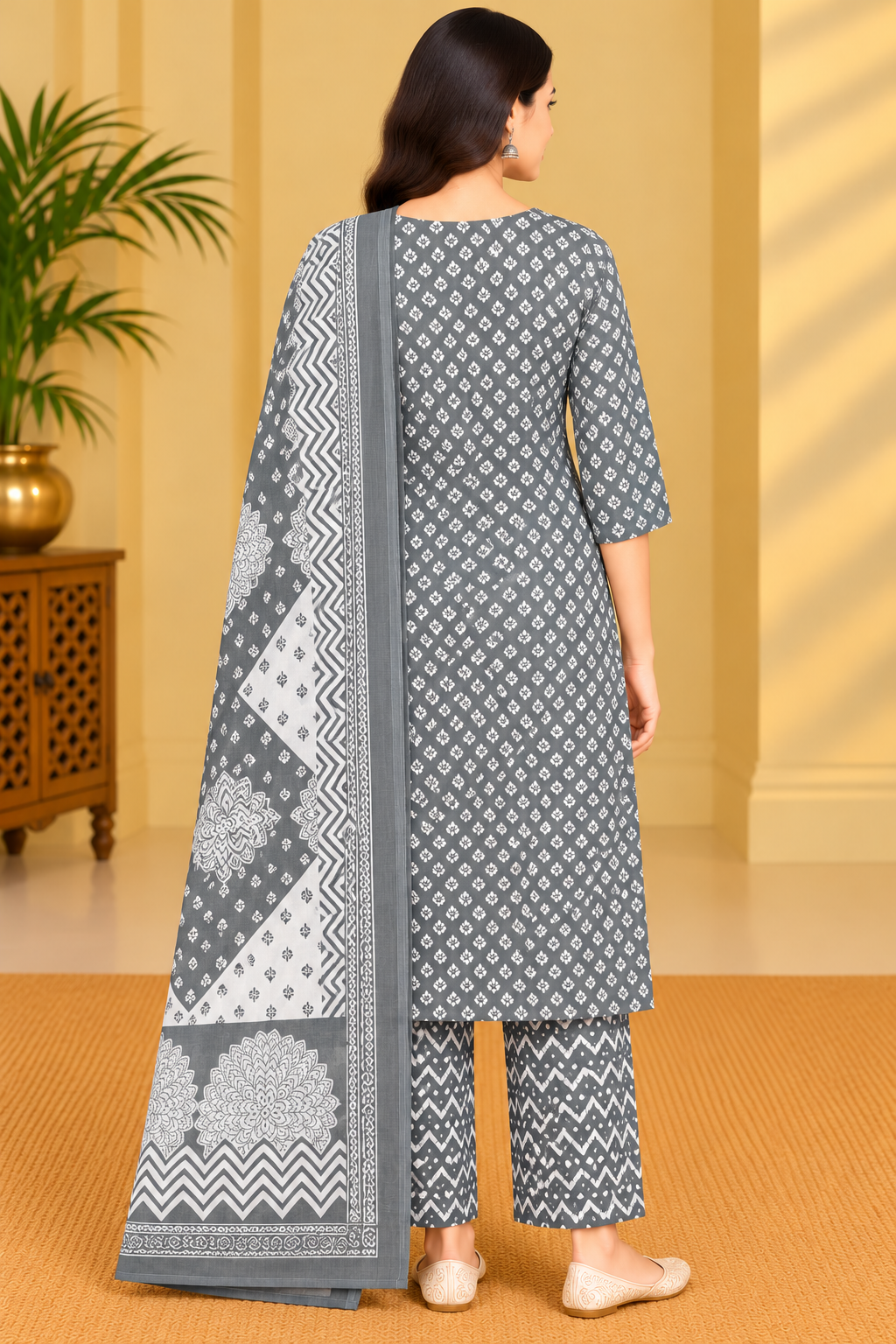 Grey & White Printed Cotton Kurta Pant Set with Dupatta for Women Thumbnail