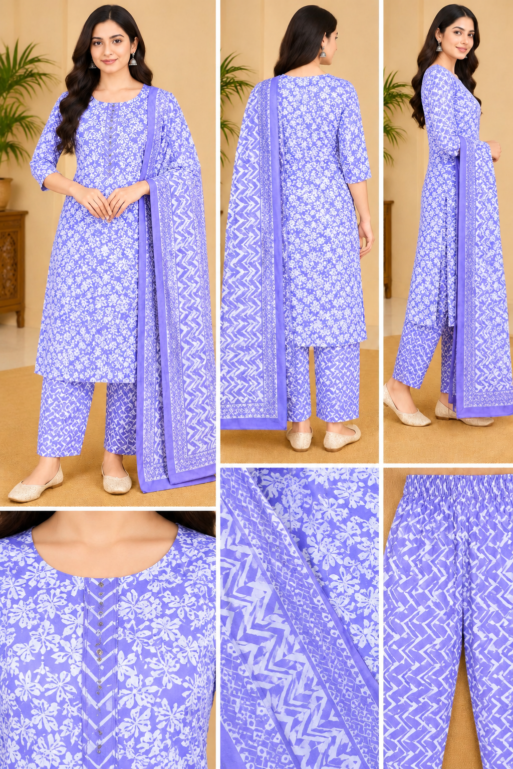 Lavender Purple Floral Printed Kurta Pant Set with Dupatta for Women