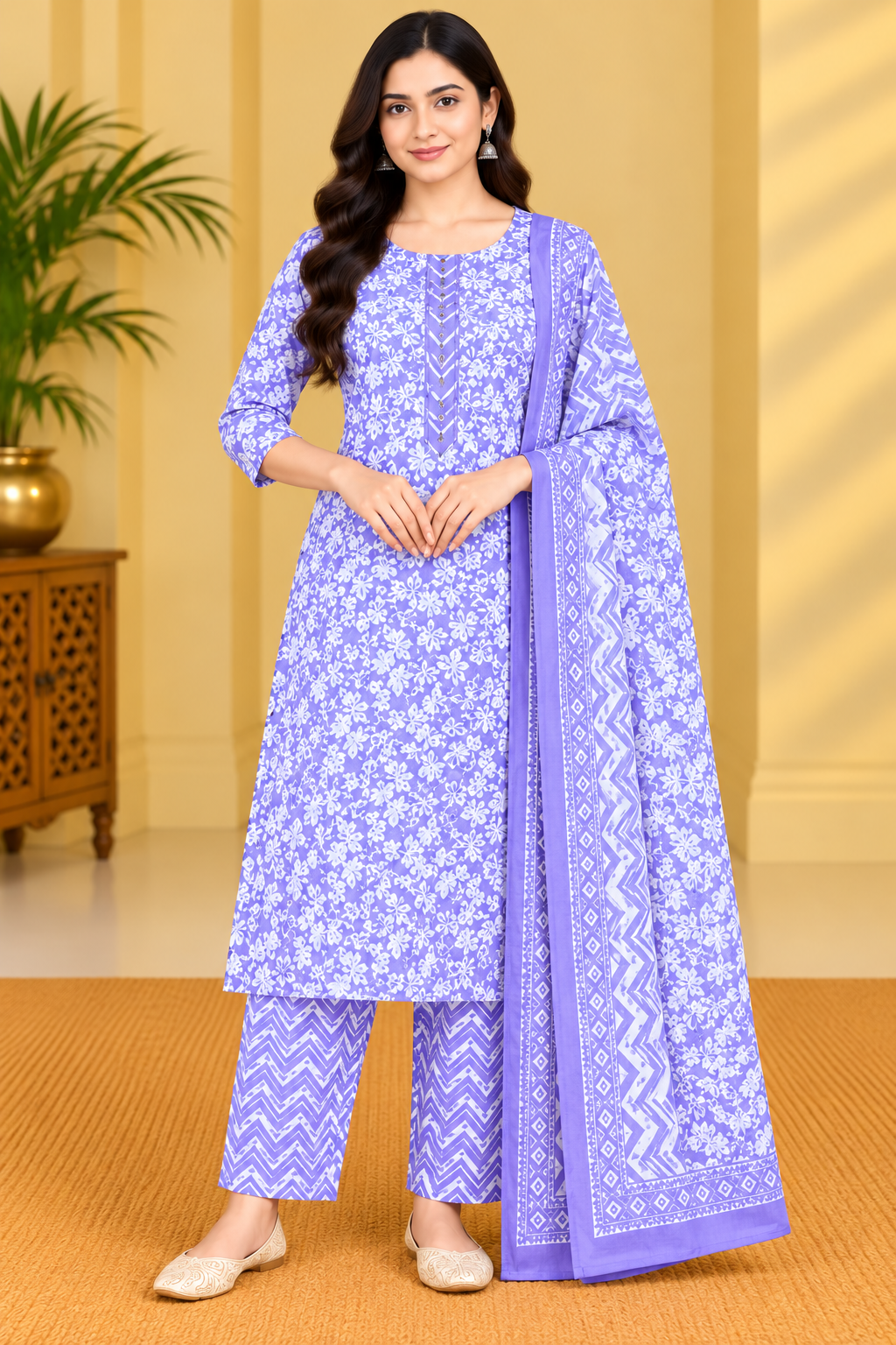 Lavender Purple Floral Printed Kurta Pant Set with Dupatta for Women Thumbnail