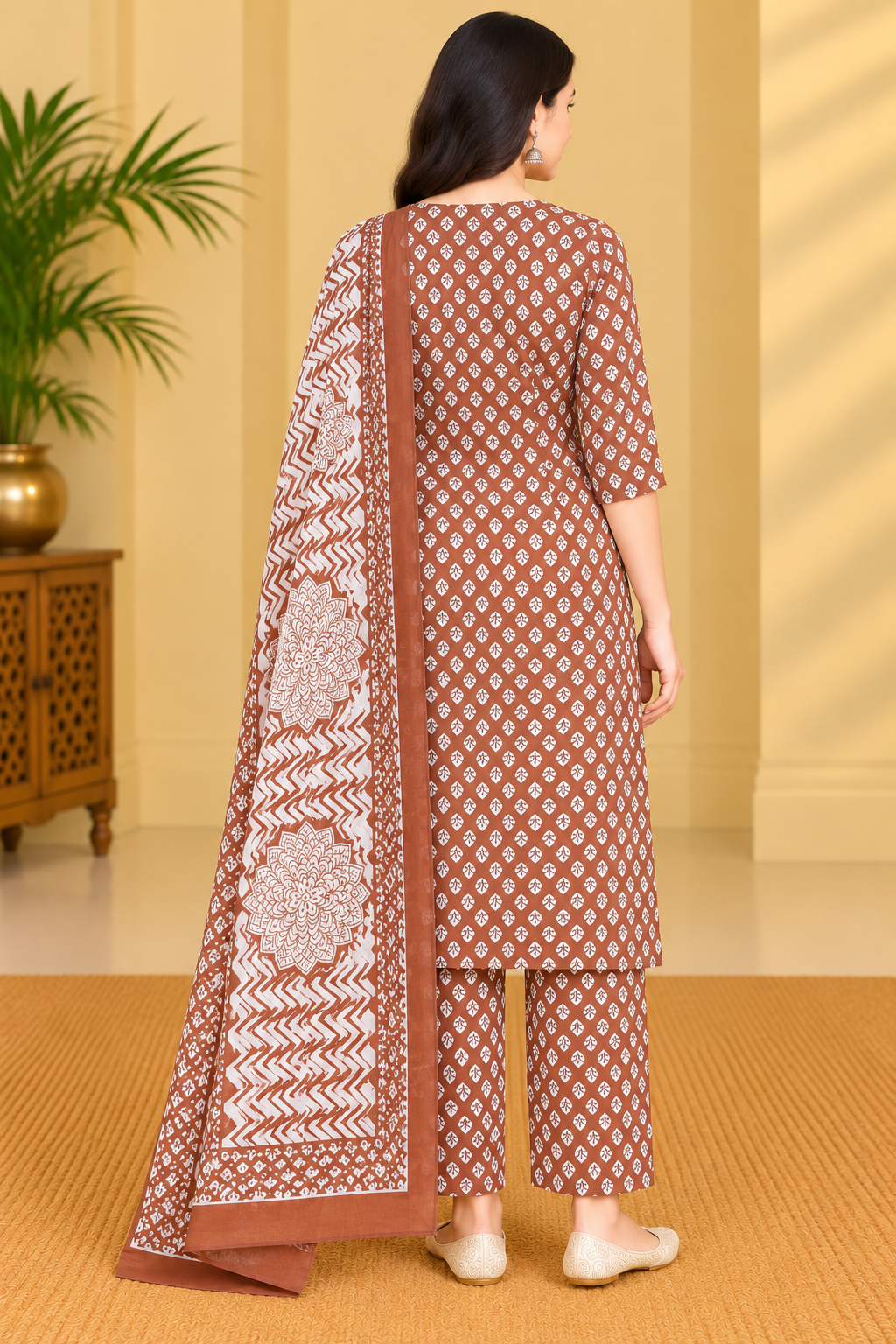 Rust Brown Floral Printed Kurta Pant & Dupatta Set for Women Thumbnail