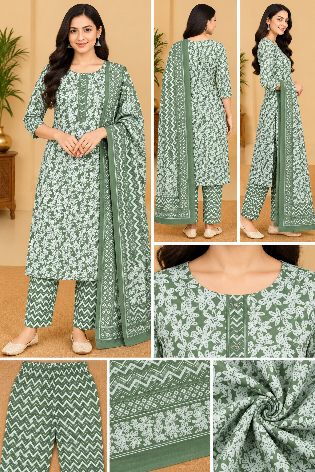 Women's Sage Green & White Floral Printed Kurta Pant Dupatta Set