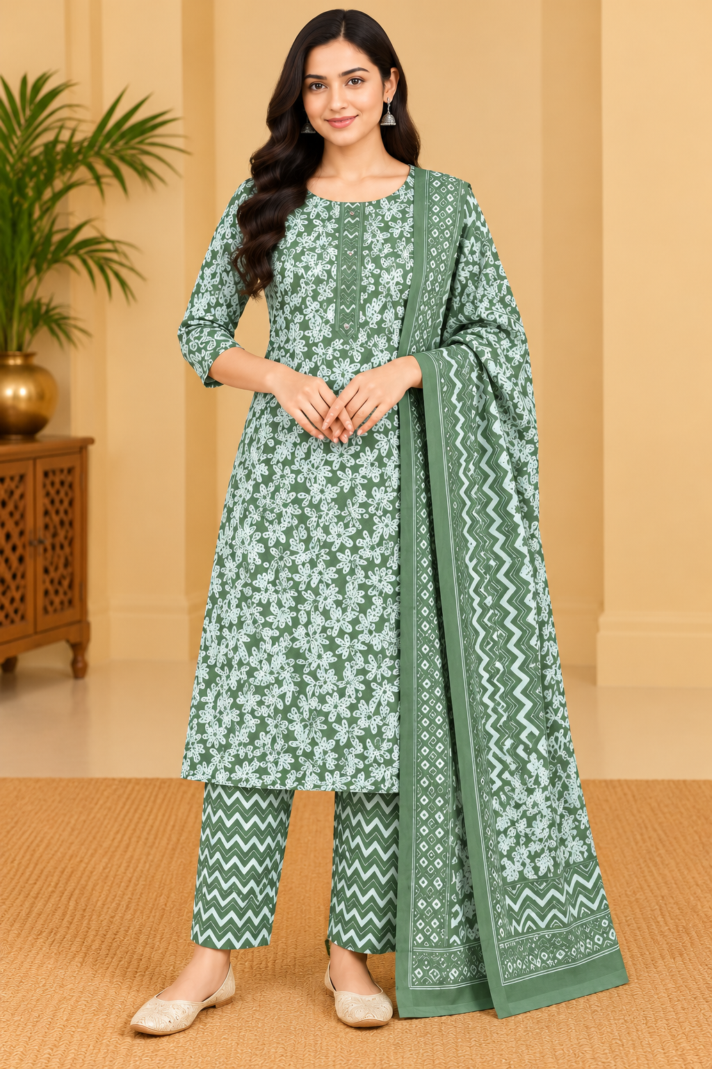 Women's Sage Green & White Floral Printed Kurta Pant Dupatta Set Thumbnail