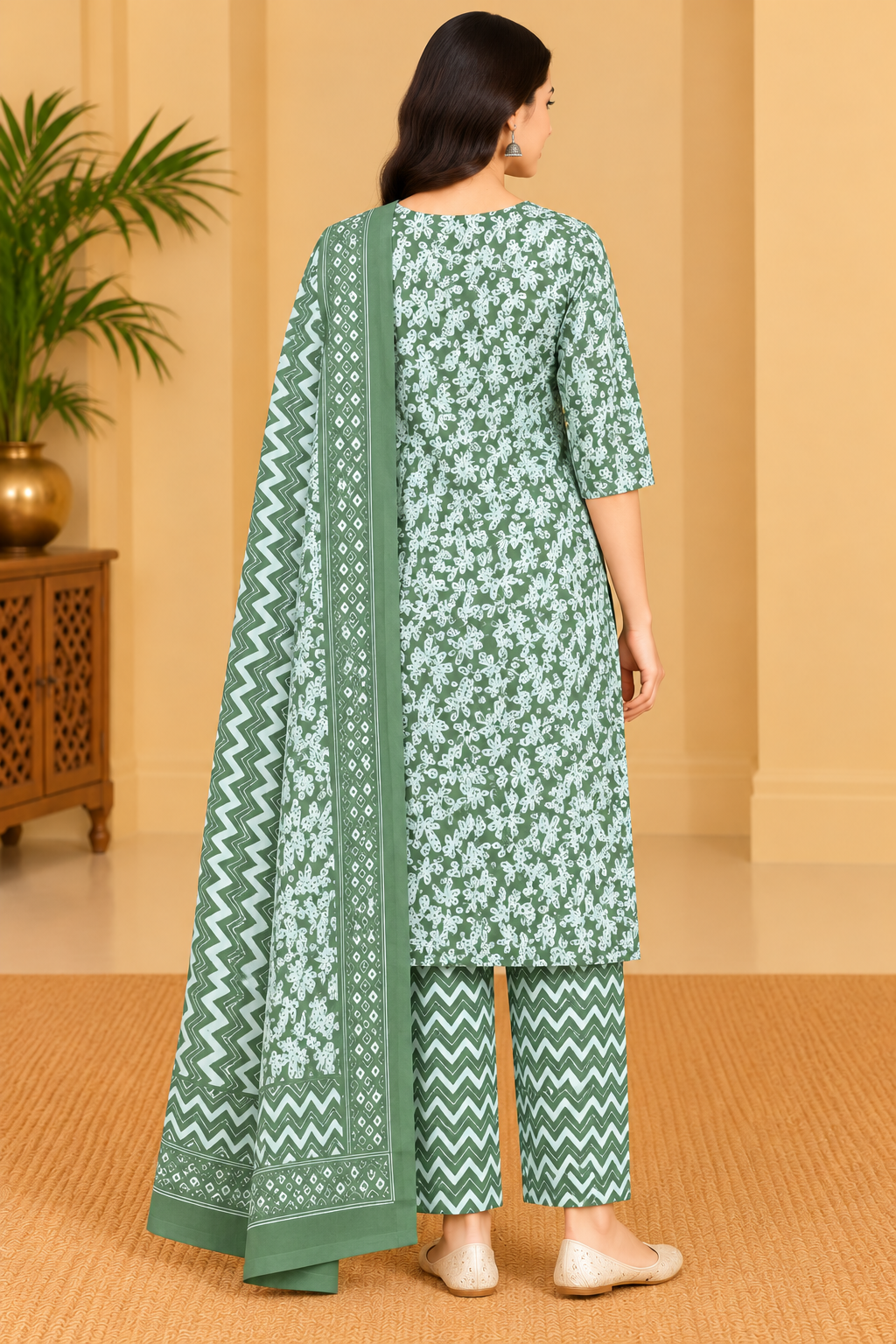 Women's Sage Green & White Floral Printed Kurta Pant Dupatta Set Thumbnail