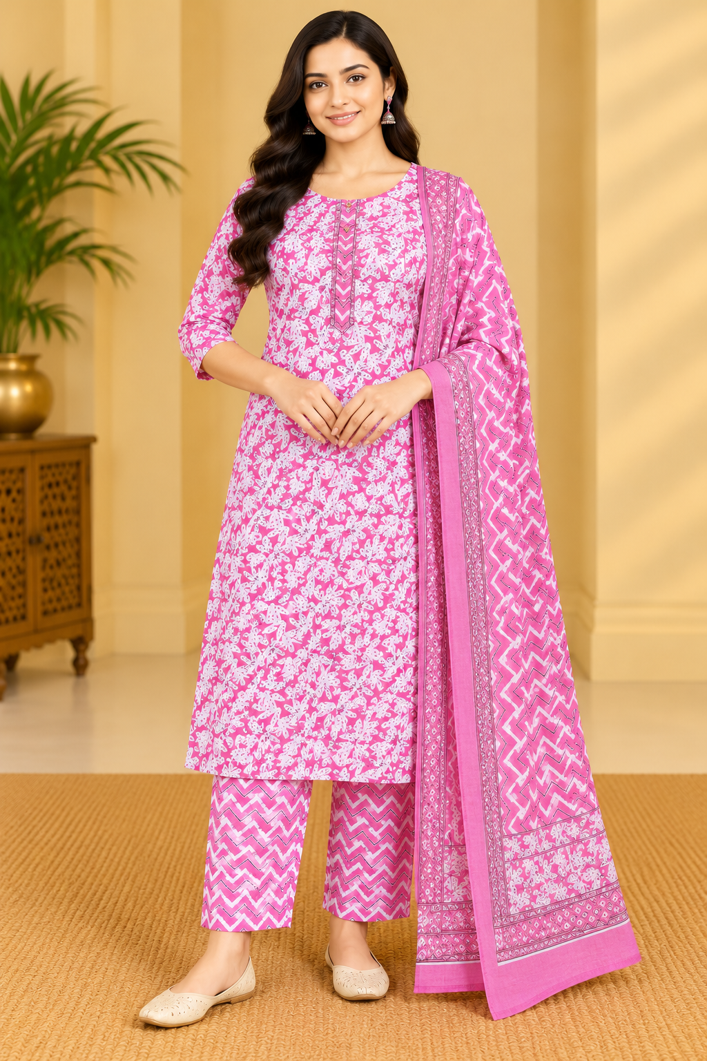 Women's Pink Floral Printed Kurta Pant Dupatta Set Thumbnail