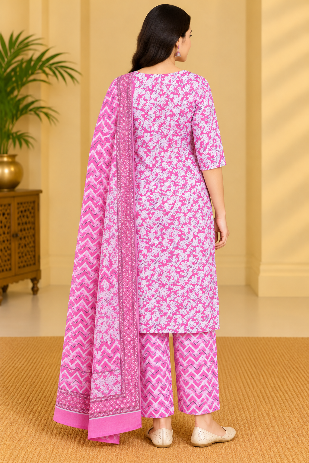 Women's Pink Floral Printed Kurta Pant Dupatta Set Thumbnail