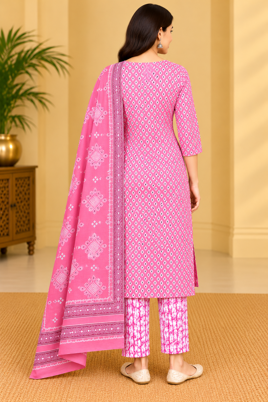 Women's Pink Printed Kurta Pant Dupatta Set Thumbnail